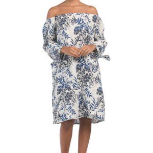 FRANCESCA BETTINI Made In Italy Linen Floral Print Off The Shoulder Dress